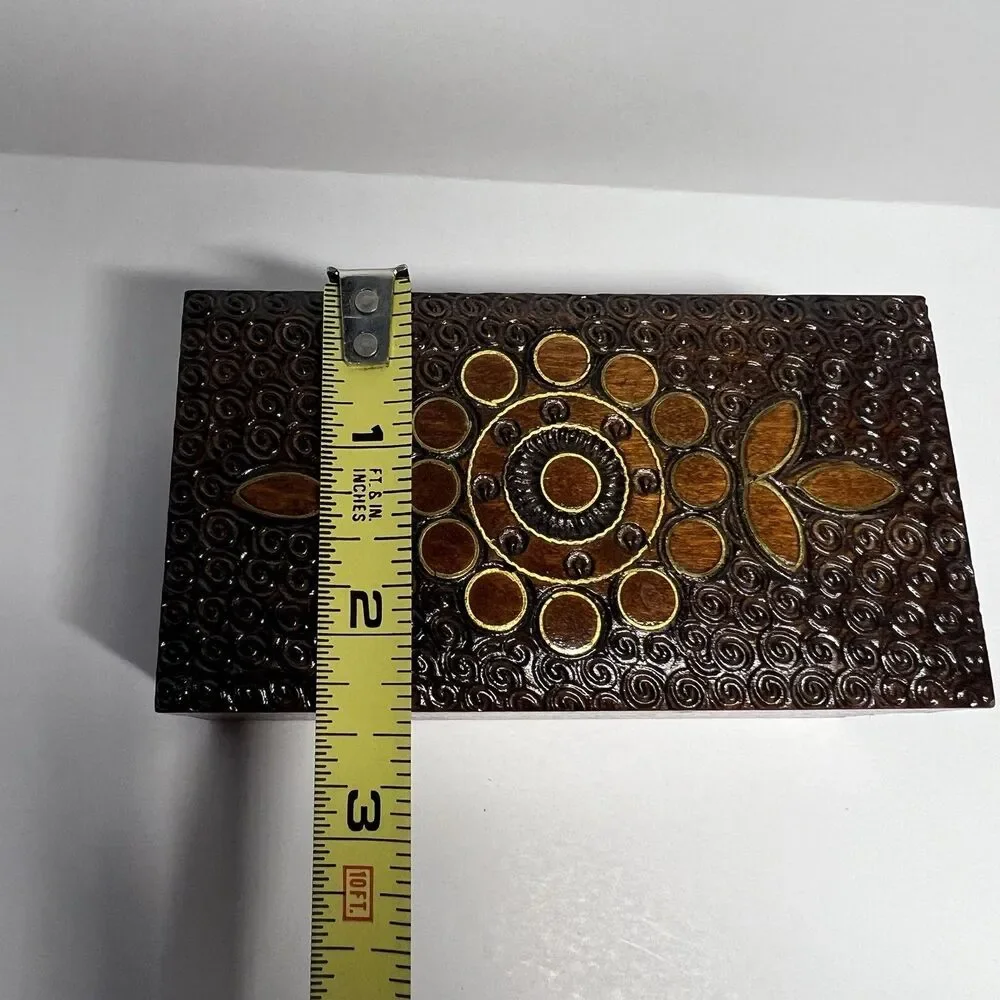 Vintage Polish Hand Carved Linden Wood Jewelry Box Keepsake Chest 4.5